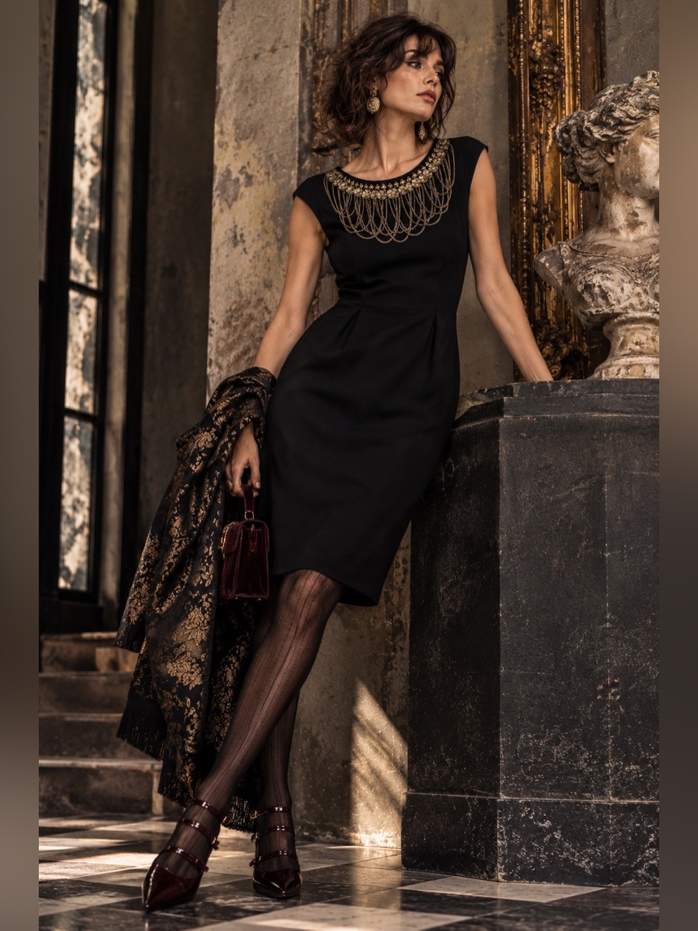 Art Deco Statement Black Sheath Dress Brass Chain Antonio Melani